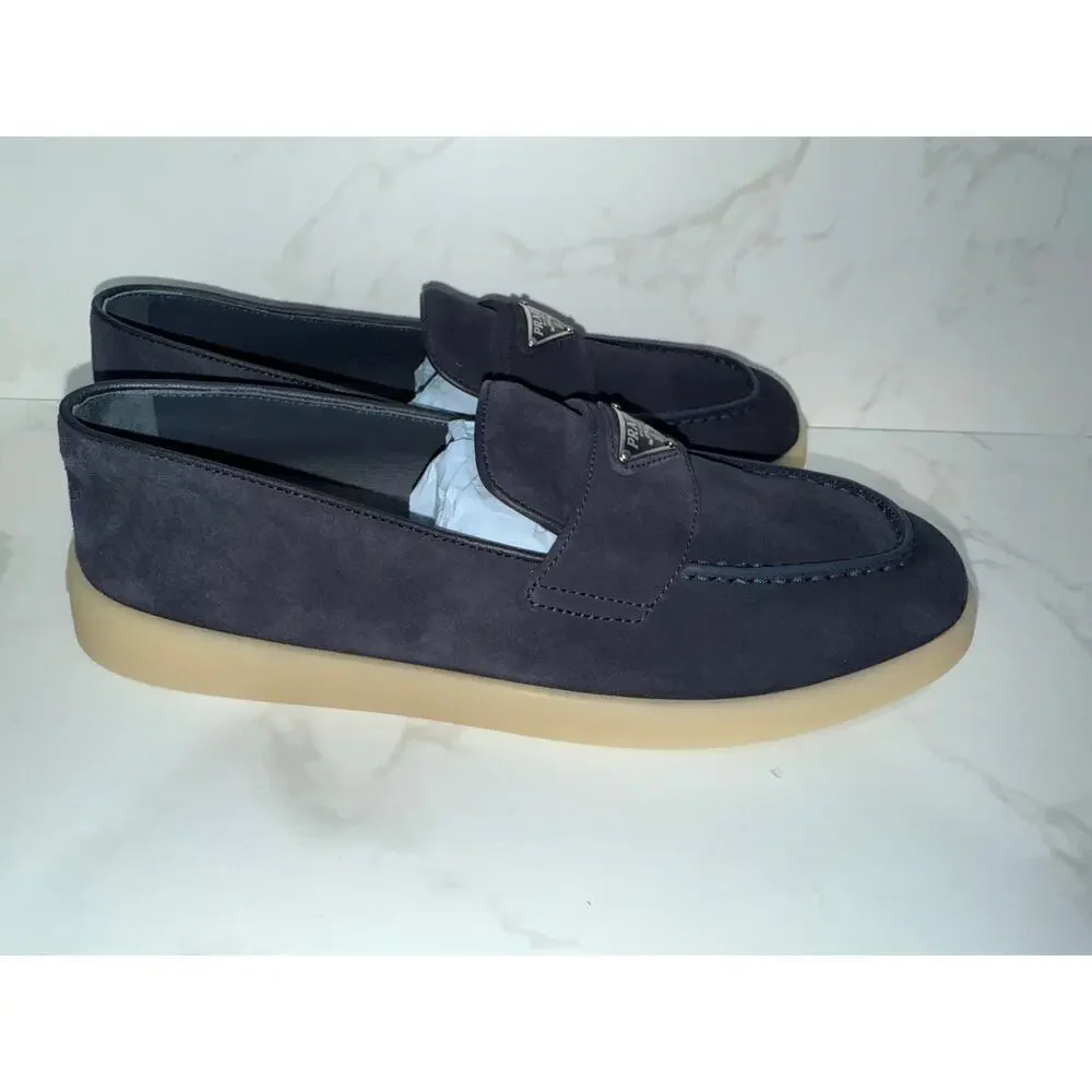 Prada Triangle Logo Suede Loafers Navy Blue 37.5